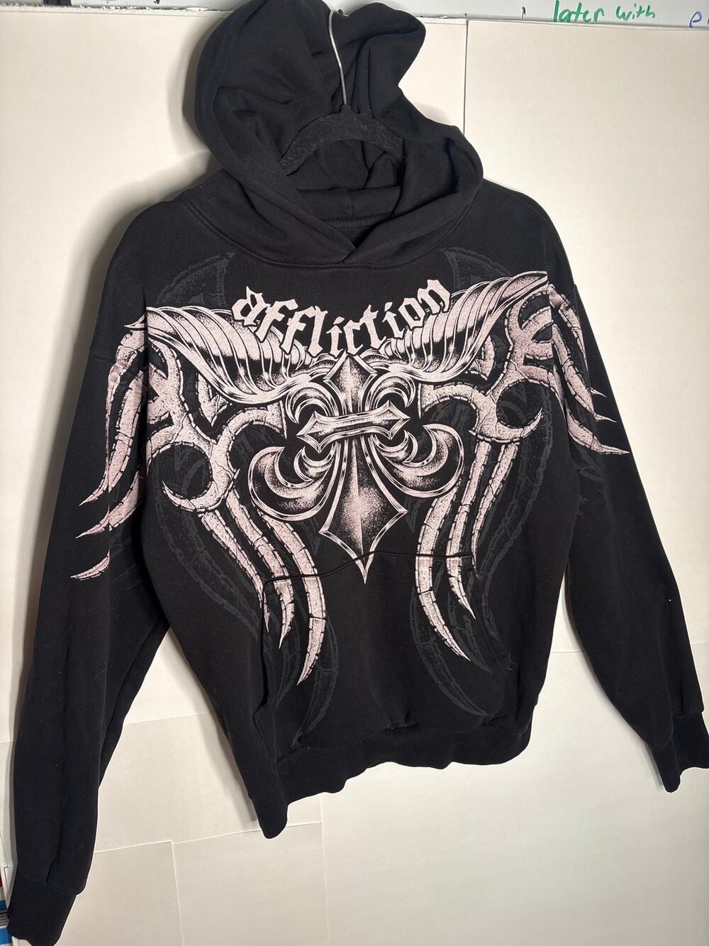 Affliction Womens Small Black Gothic Cross Wings Skull Graphic Pullover Hoodie